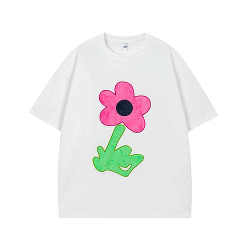Retro Flocking Floral Short Sleeve T-Shirt Men Oversize Casual Versatile Couple Top