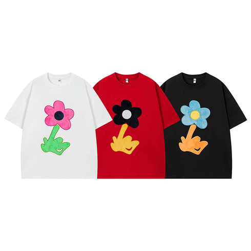 Retro Flocking Floral Short Sleeve T-Shirt Men Oversize Casual Versatile Couple Top