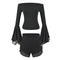 Women's Off Shoulder Flared Sleeve Slim Fit Knit Top Lace Bodycon Shorts Two Piece Set