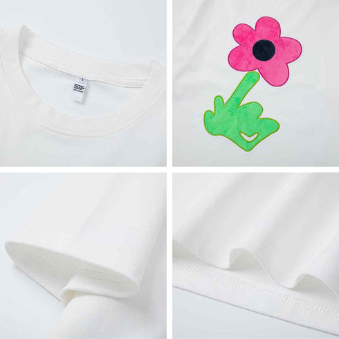 Retro Flocking Floral Short Sleeve T-Shirt Men Oversize Casual Versatile Couple Top