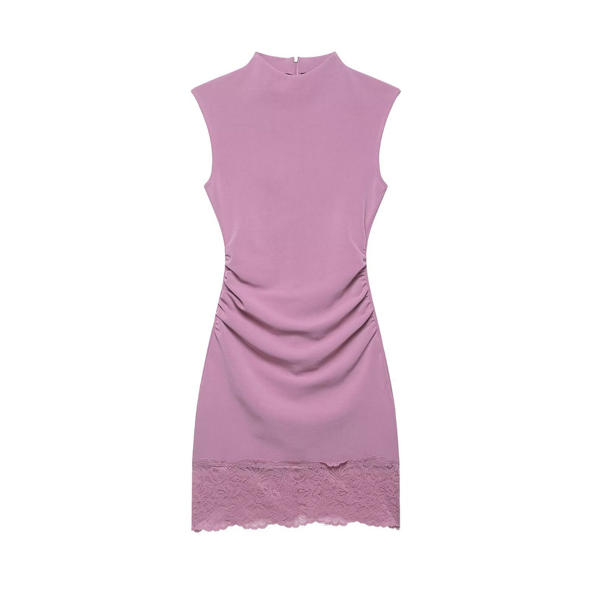 Robe courte en dentelle élastique style bureau – Sans manches, col droit