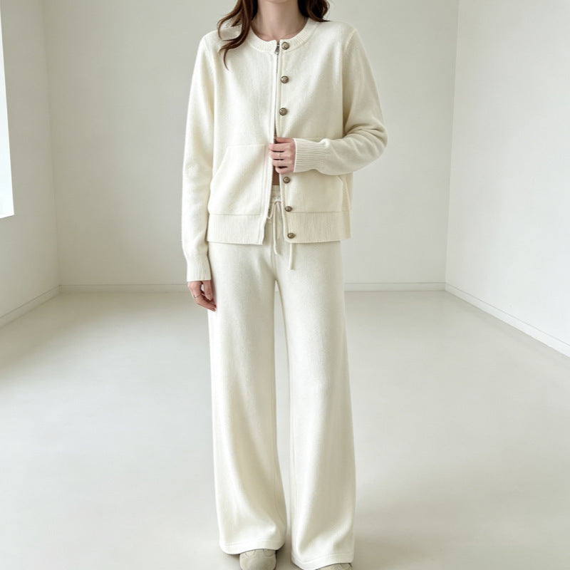 Zipper knit sweater wide leg straight leg pants solid color two-piece set — autre détail