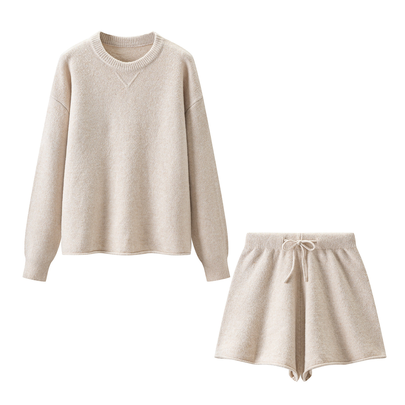 Solid Color Round Neck Relaxed Fit Knit Top and Shorts Set for Women — Détail produit