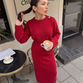 Women's Long Sleeve Loose Knit Sweater Skirt Two-Piece Set Casual Relaxed Fit Front Tie — coloris 26257-Burgundy