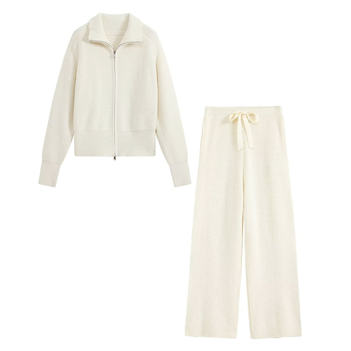 Zipper large collar knitted sweater+pants set for women en situation