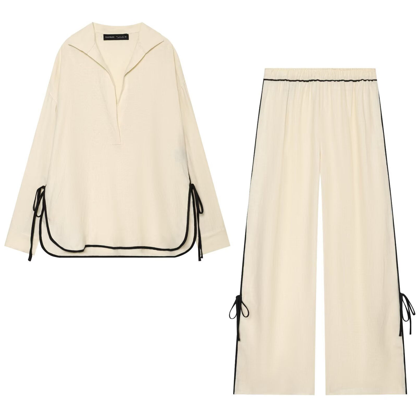 Linen trimmed long sleeved shirt+pants set for women — Vue produit