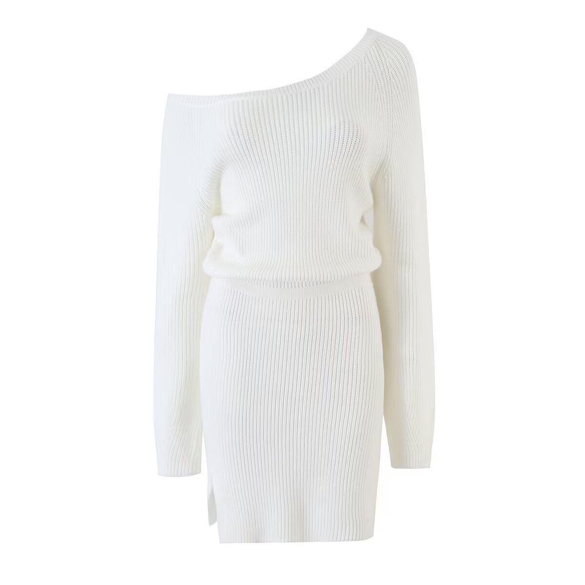 Robe en maille tricotée slim fit épaules dénudées, taille cinée et fente – Style casual chic — Vue produit