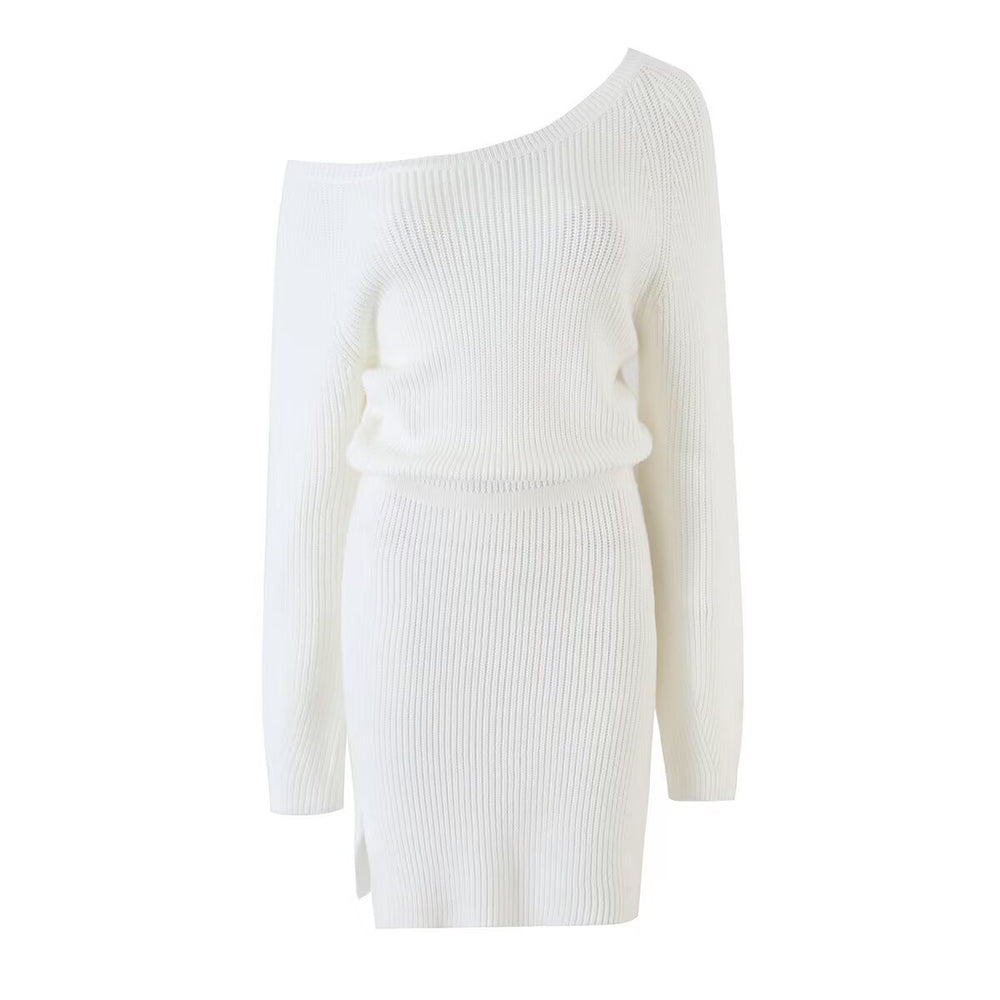Robe en maille tricotée slim fit épaules dénudées, taille cinée et fente – Style casual chic — détail