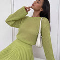 Hollow-out Knit Two-Piece Set Women Relaxed Sweater Pleated Mini Skirt — coloris 26119-Green