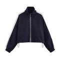 Sport Color-Block Lines Cropped Loose Jacket and A-Line Short Skirt Set — coloris Navy Blue Top