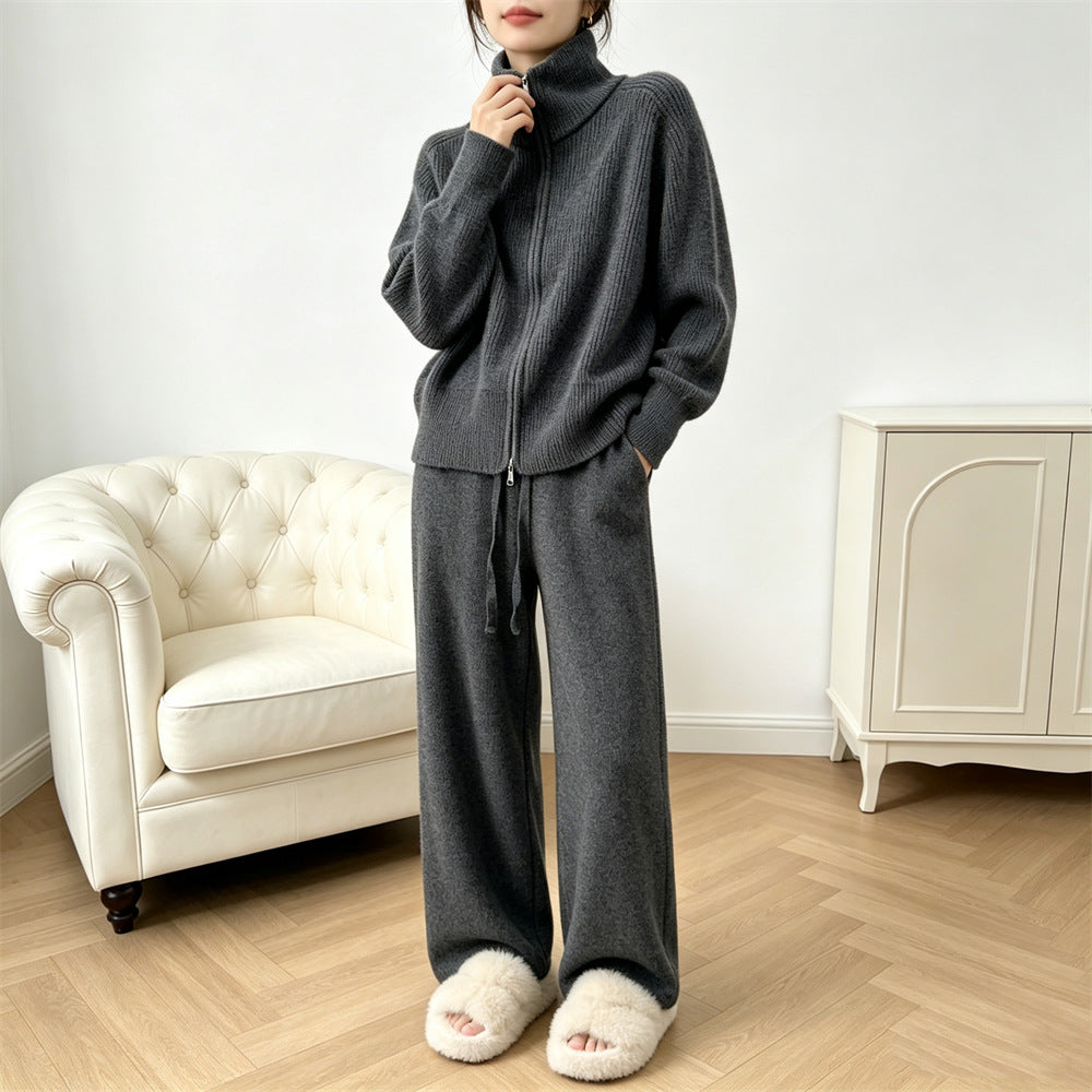 Solid color stand up collar sweater wide leg pants two-piece set for women — Détail produit