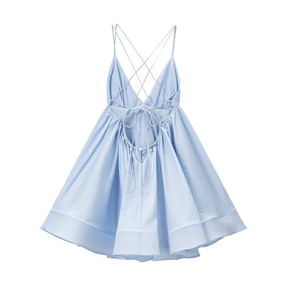 Robe caraco dos nu col V profond – Style vacances tendance, fermeture zip — détail
