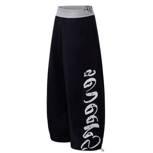Wide Leg Sweatpants, Color Block Waistband Side Letter Print Loose Draped Casual Pants