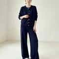 Zipper knit sweater wide leg straight leg pants solid color two-piece set — coloris Navy