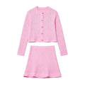 Button up round neck knitted sweater jacket+half skirt set for women — coloris Pink Set