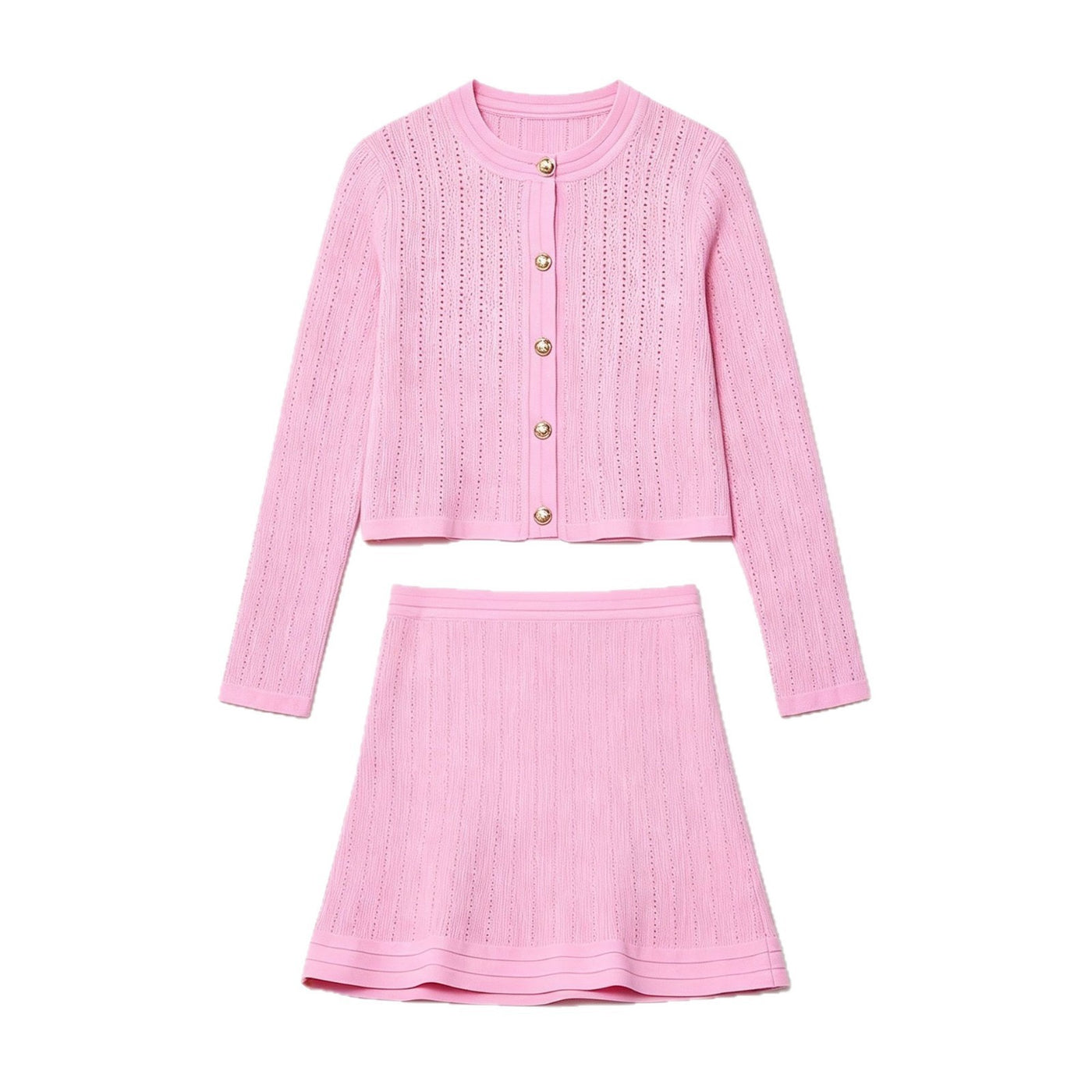 Button up round neck knitted sweater jacket+half skirt set for women — Vue produit