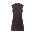 Robe courte en dentelle élastique style bureau – Sans manches, col droit — coloris Brown