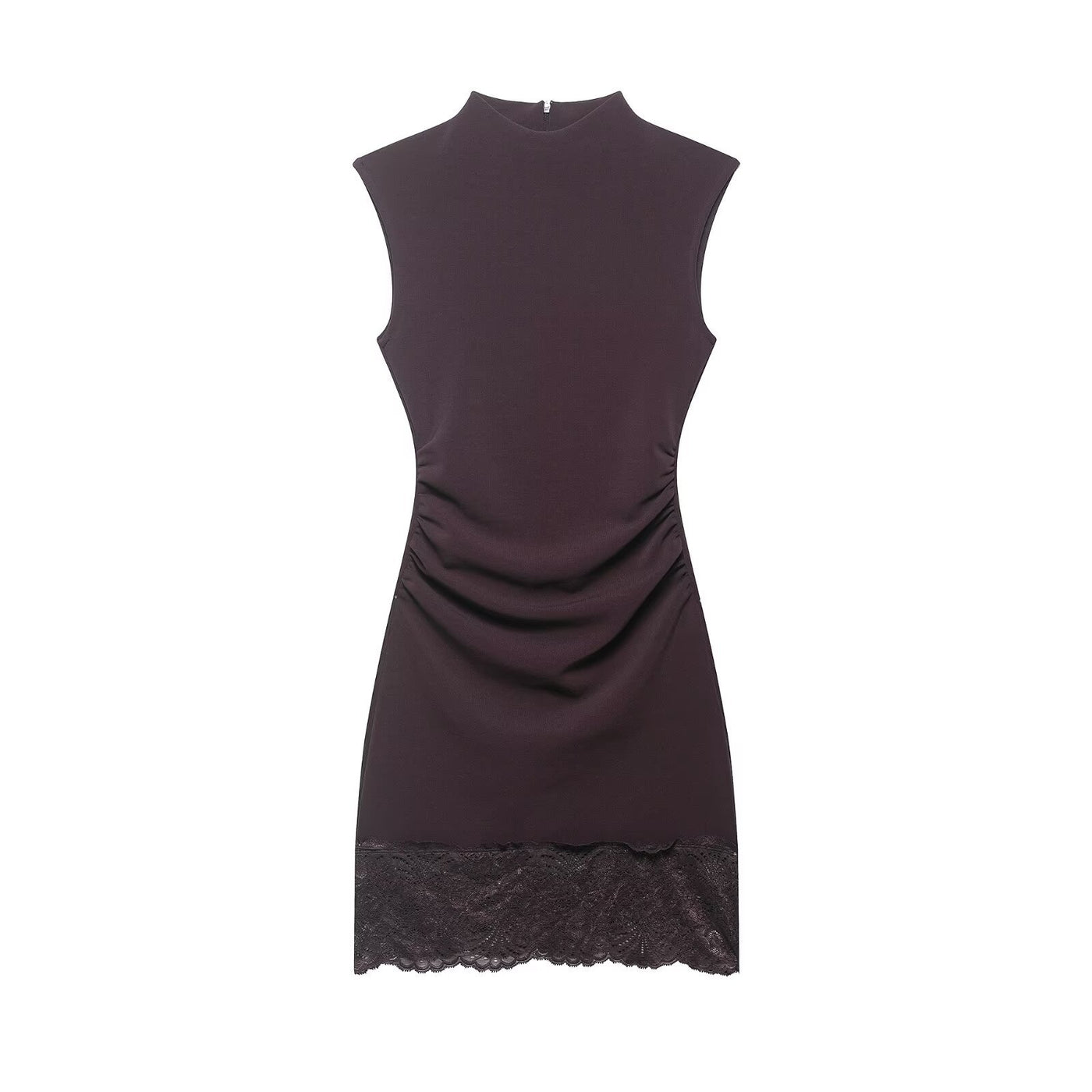 Robe courte en dentelle élastique style bureau – Sans manches, col droit — Détail produit