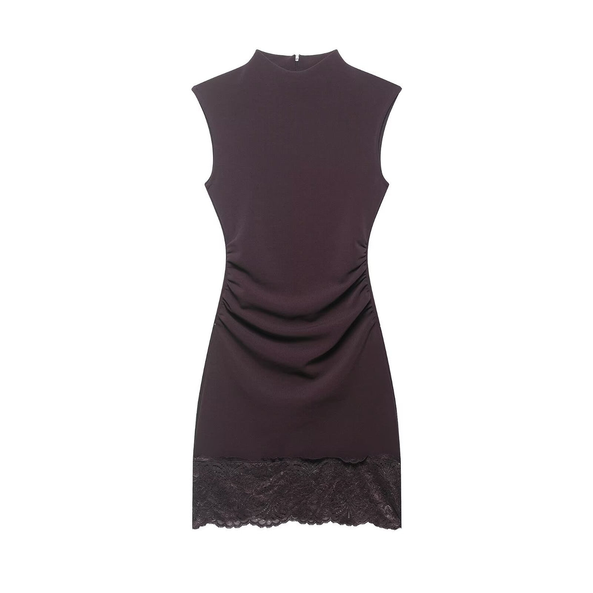 Robe courte en dentelle élastique style bureau – Sans manches, col droit en situation