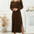 Robe mi-longue vintage imprimé léopard, col rond et manches longues – Style casual japonais et coréen — coloris Dark Brown