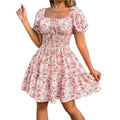 Robe caraco mi-longue ajustée à fleurs – Col carré, style frais et mignon — coloris Pink