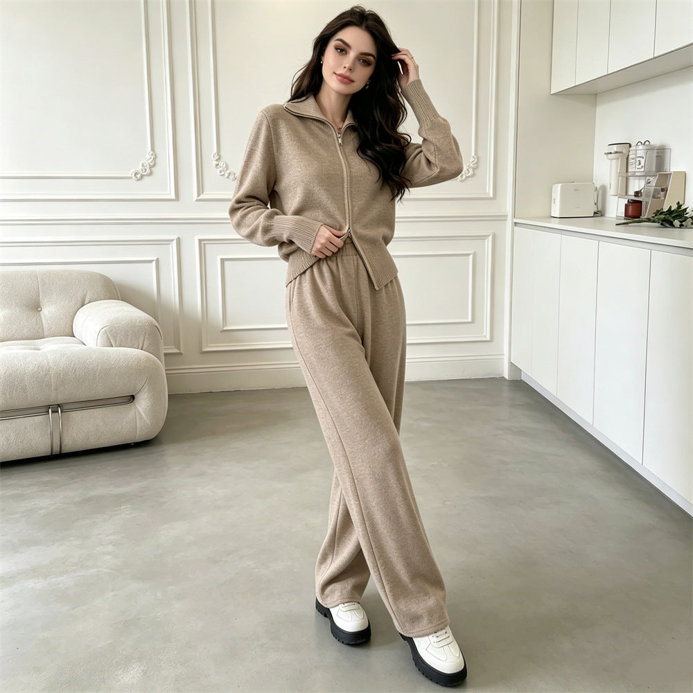 Double zipper knitted sweater cardigan wide leg pants two-piece set for women — autre détail