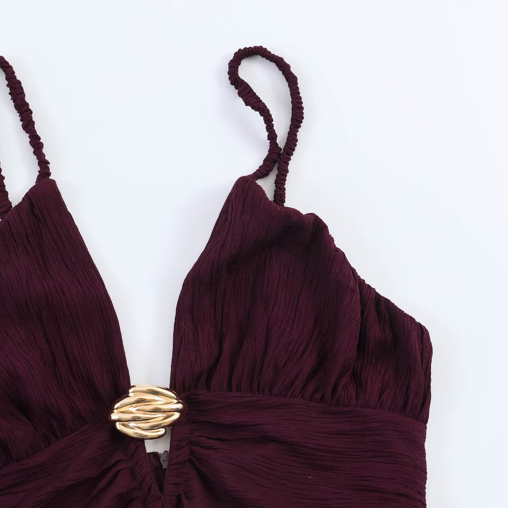 Robe midi dos nu avec accessoires décoratifs – Taille haute, sans manches — autre détail