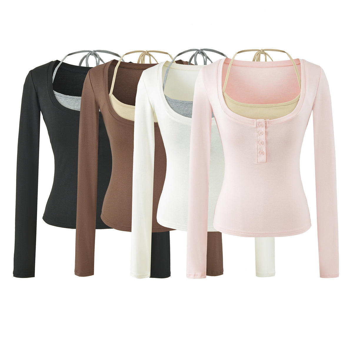 Long Sleeve Crop Henley Top with Halter Neck Built-in Chest Pads en situation