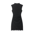 Robe courte en dentelle élastique style bureau – Sans manches, col droit — coloris Black