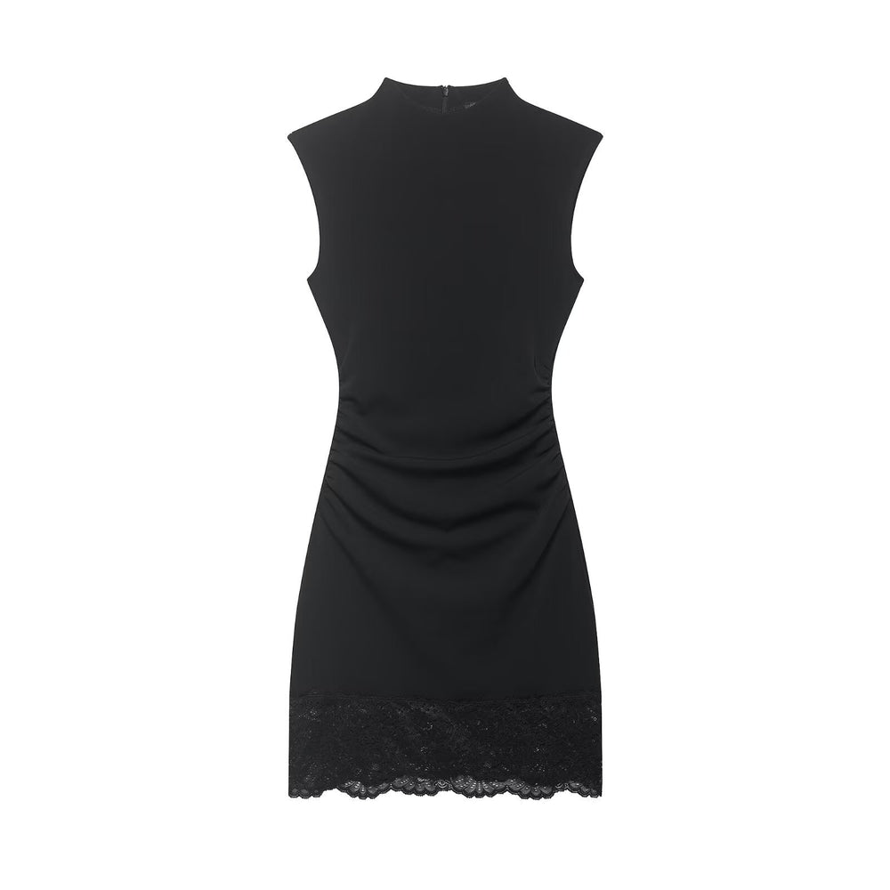 Robe courte en dentelle élastique style bureau – Sans manches, col droit — détail