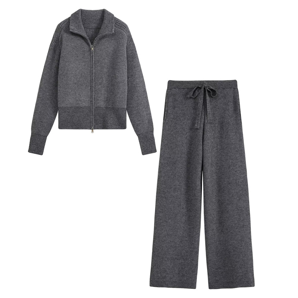 Zipper large collar knitted sweater+pants set for women — détail