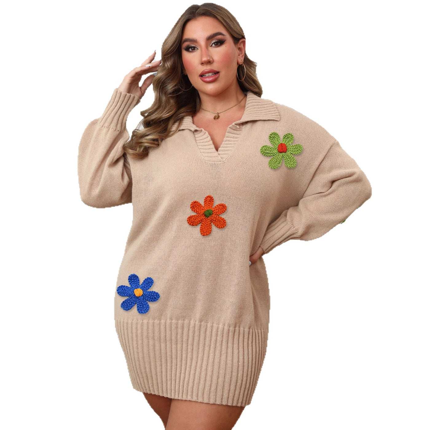 Robe pull grande taille, col polo, broderie florale colorée assemblée – Streetwear manches longues — Détail produit