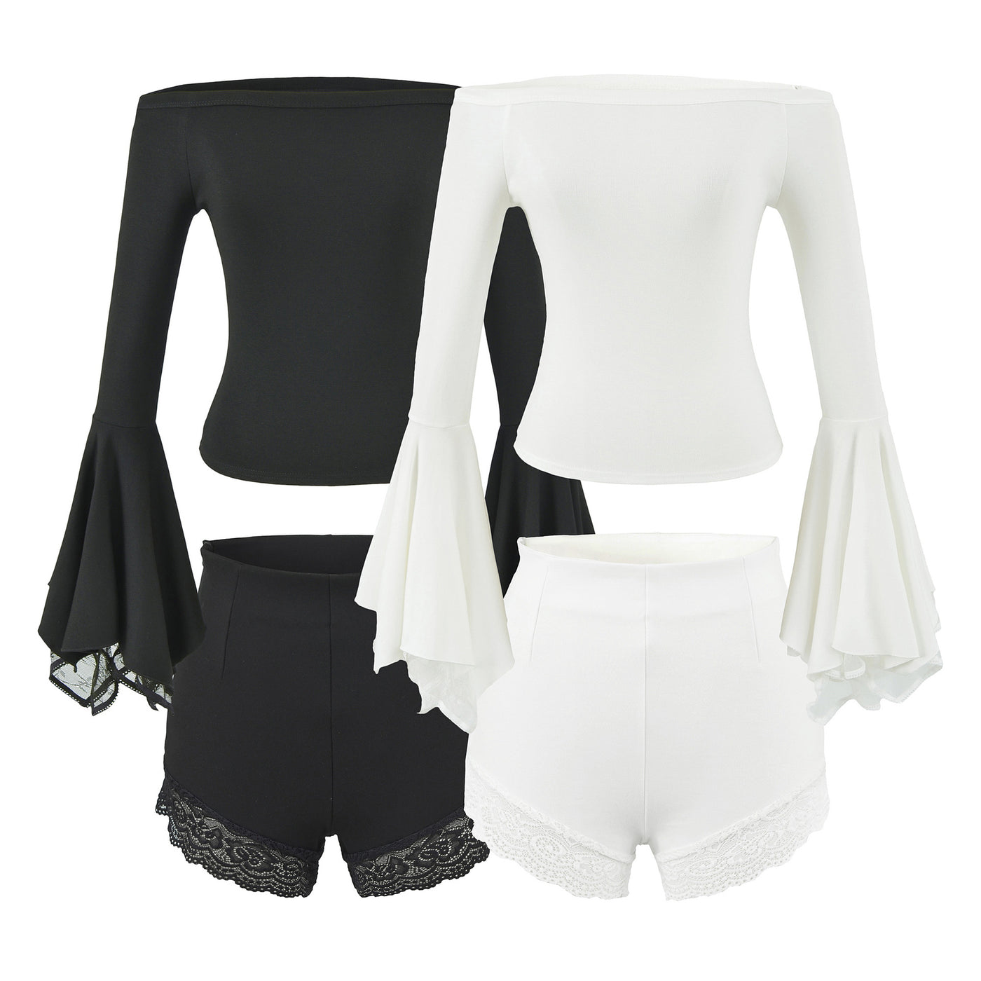 Women's Off Shoulder Flared Sleeve Slim Fit Knit Top Lace Bodycon Shorts Two Piece Set — Détail produit
