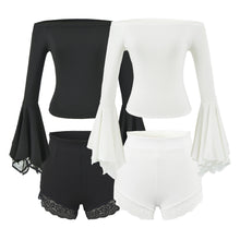 Détail produit — Women's Off Shoulder Flared Sleeve Slim Fit Knit Top Lace Bodycon Shorts Two Piece Set