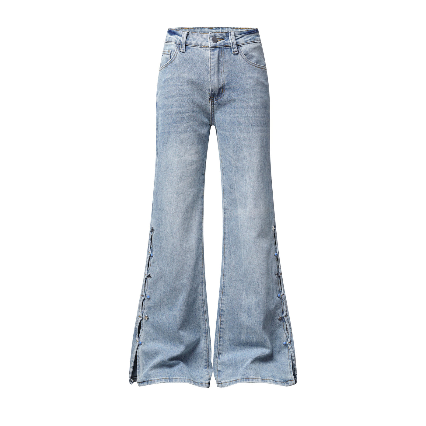 Jean bleu clair lavé légèrement évasé – Bouton étoile, fente latérale, taille haute — Vue produit