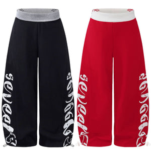 Wide Leg Sweatpants, Color Block Waistband Side Letter Print Loose Draped Casual Pants