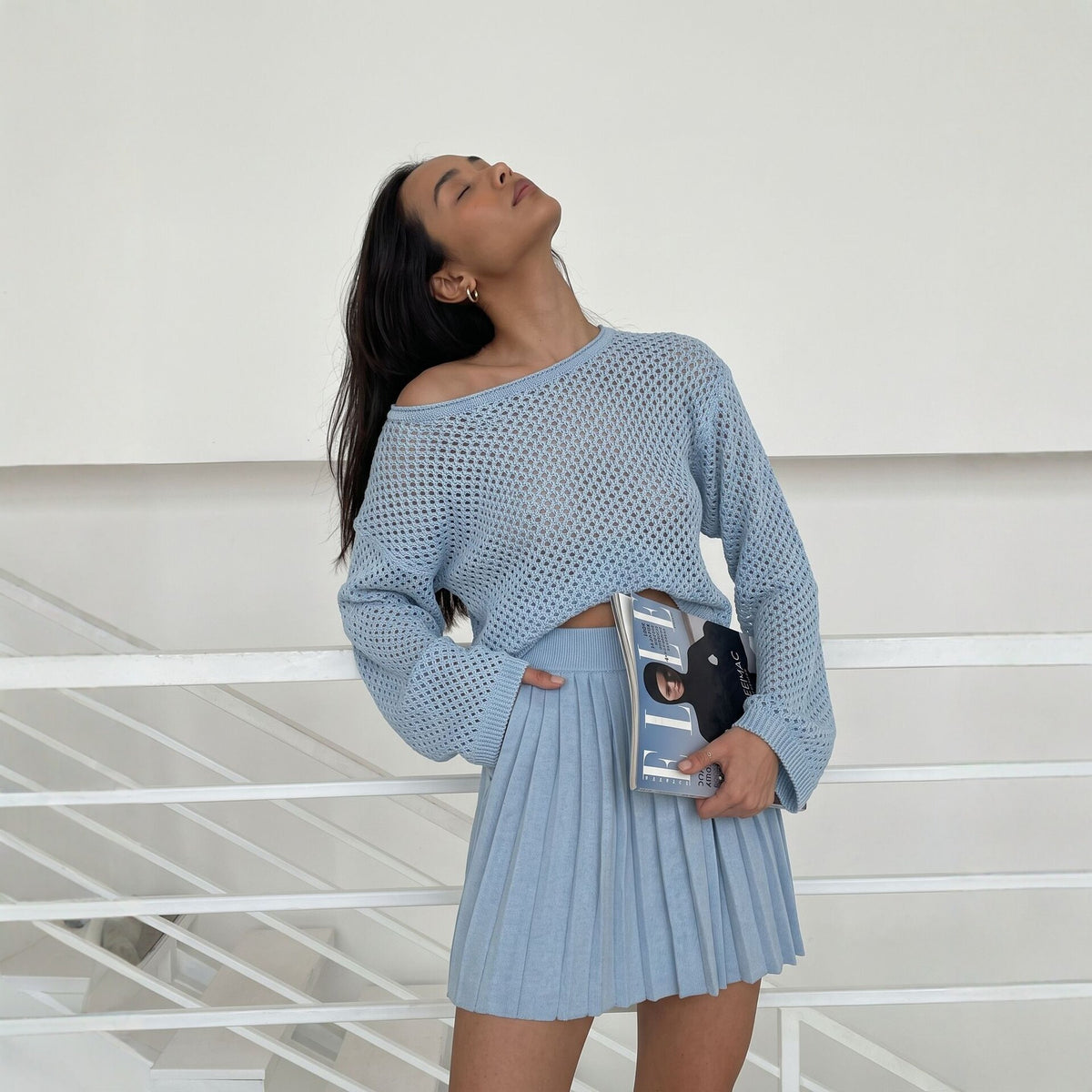 Hollow-out Knit Two-Piece Set Women Relaxed Sweater Pleated Mini Skirt