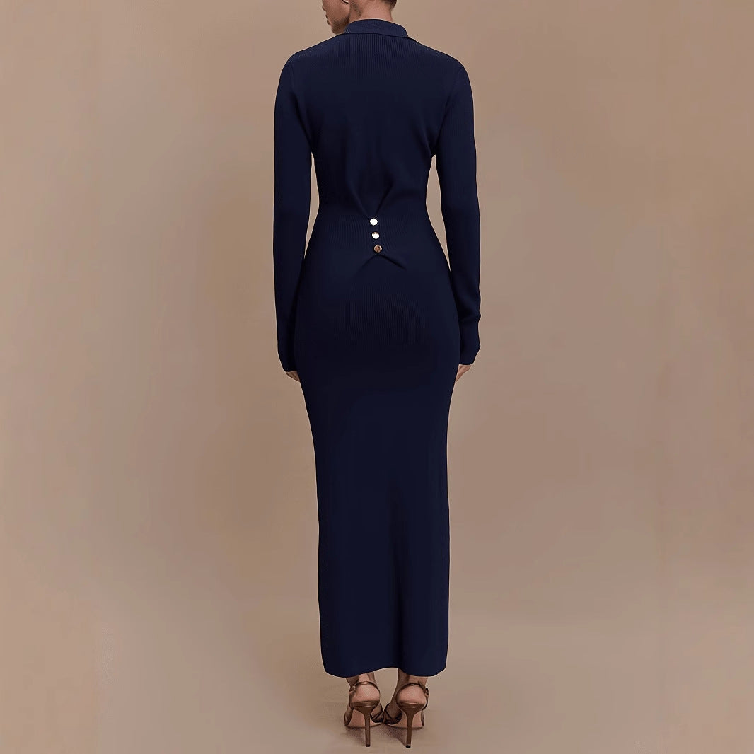 Robe longue en maille tricotée femme, slim fit, boutonnage – Élégante et chic automne-hiver en situation