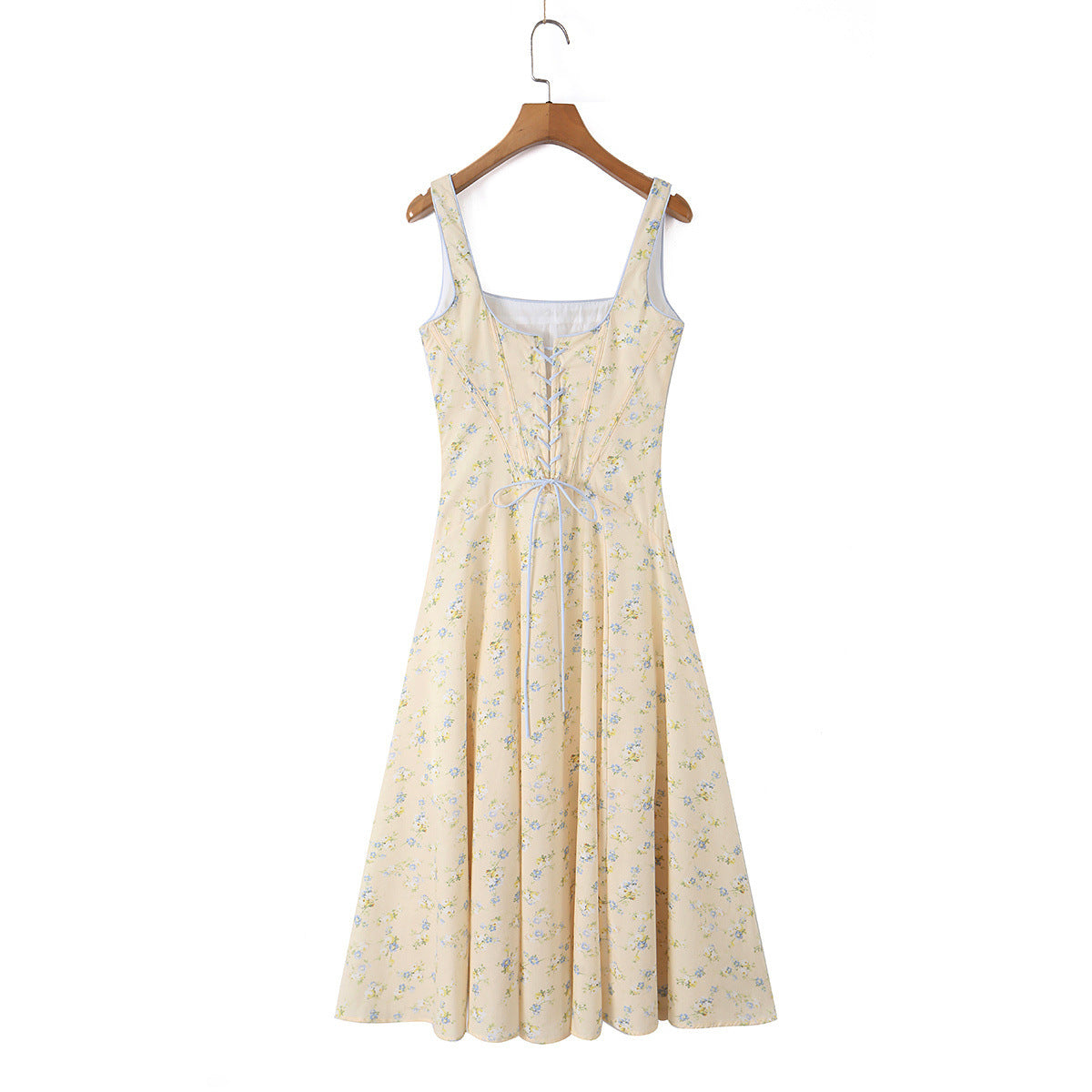 Cotton printed lace up long dress en situation