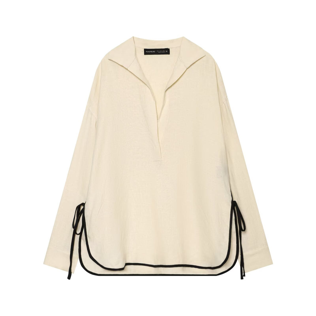 Linen trimmed long sleeved shirt+pants set for women en situation