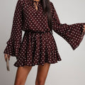 Robe grande taille à pois style français – Col V, manches évasées, taille élastique — coloris Dark Brown