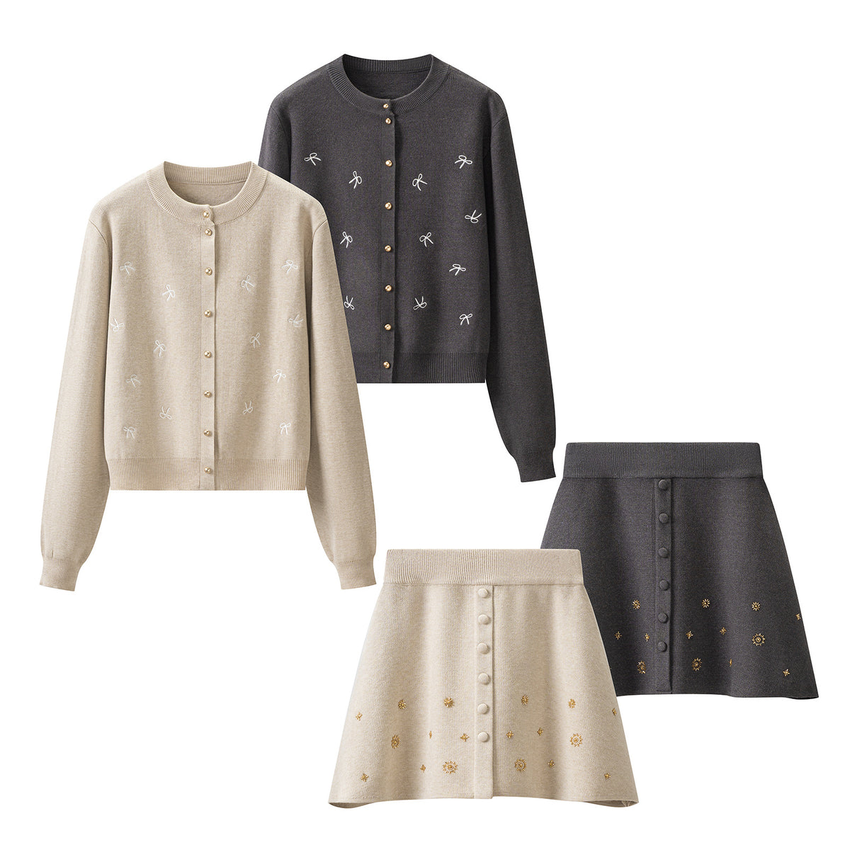 Women's Embroidered Long Sleeve Knit Cardigan and A-Line Mini Skirt Two-Piece Set en situation