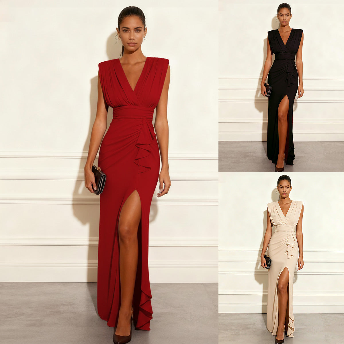 Solid color V-neck sleeveless slit dress en situation