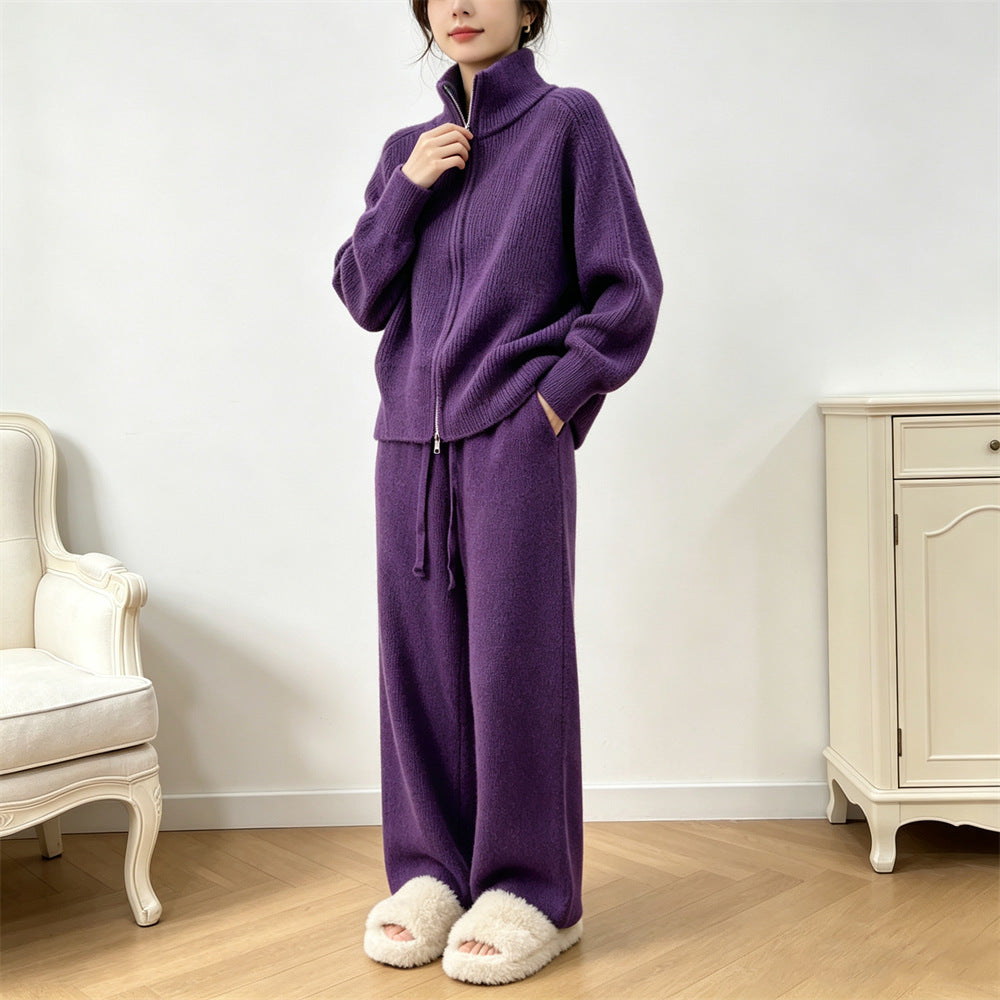 Solid color stand up collar sweater wide leg pants two-piece set for women — autre détail