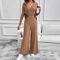 Textured Long Sleeve Tie Women's Two-Piece Set — coloris Coffee Brown