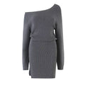Robe en maille tricotée slim fit épaules dénudées, taille cinée et fente – Style casual chic — coloris Gray