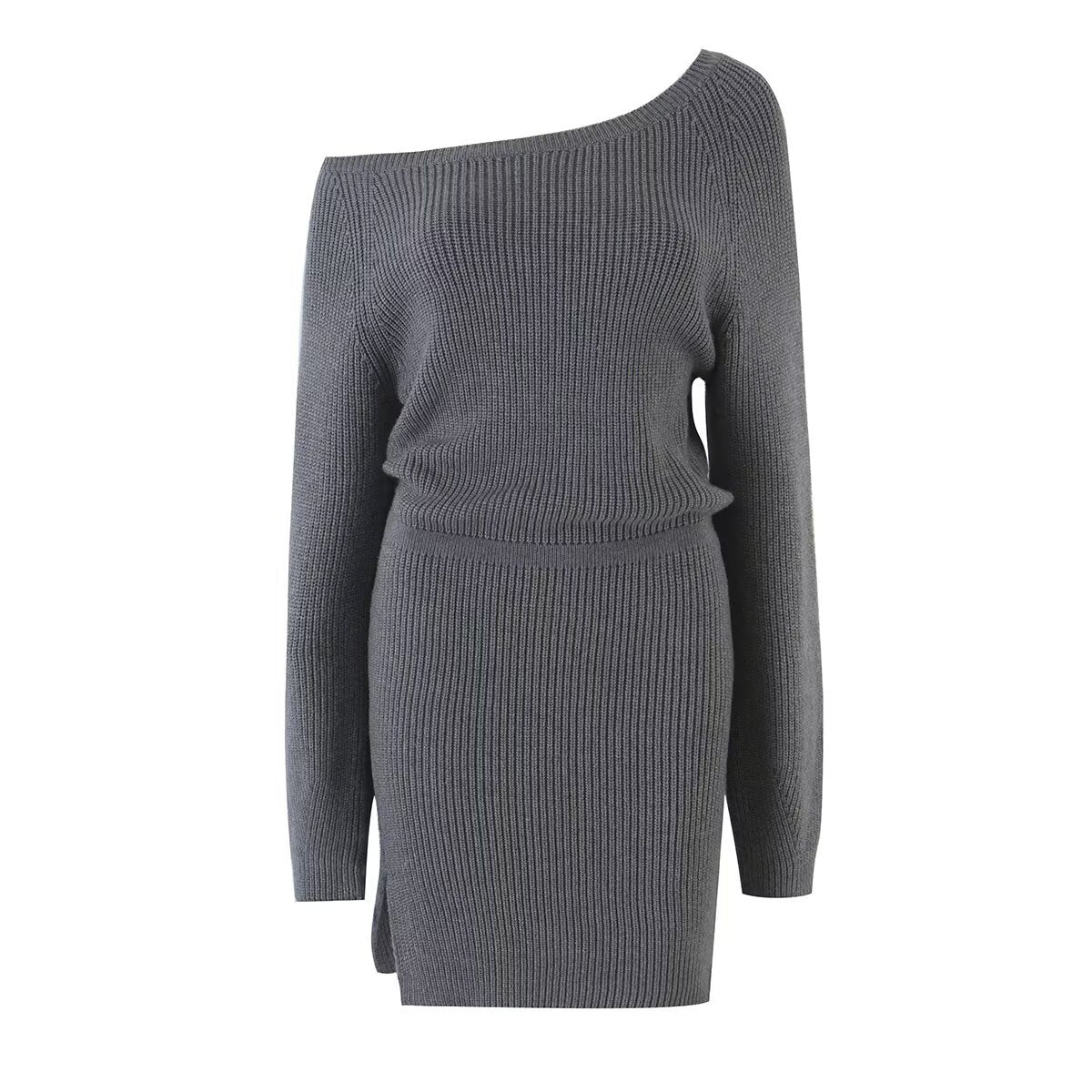 Robe en maille tricotée slim fit épaules dénudées, taille cinée et fente – Style casual chic — Détail produit