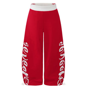 Wide Leg Sweatpants, Color Block Waistband Side Letter Print Loose Draped Casual Pants