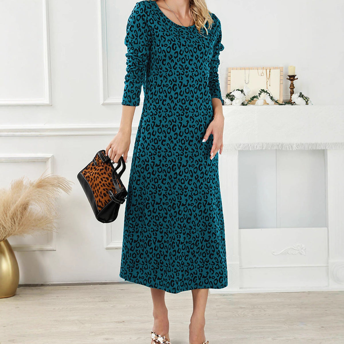Robe mi-longue vintage imprimé léopard, col rond et manches longues – Style casual japonais et coréen