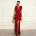Solid color V-neck sleeveless slit dress — coloris Red